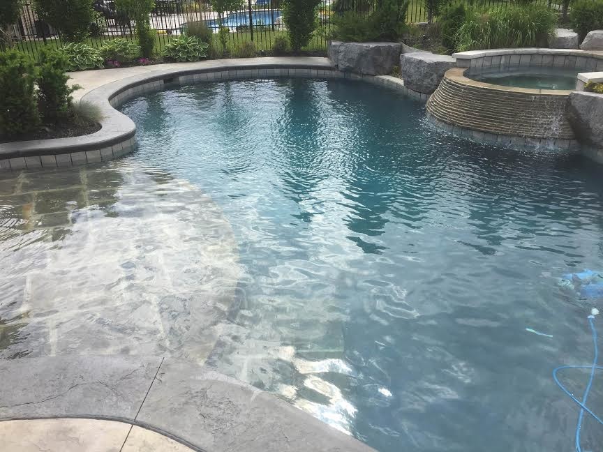 Mittelgroßer Klassischer Pool hinter dem Haus in Nierenform mit Stempelbeton in Toronto