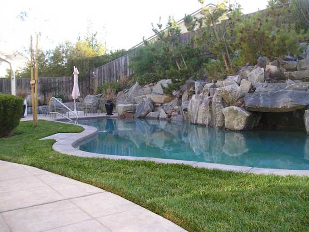 Ejemplo de piscina con fuente natural tradicional de tamaño medio a medida en patio trasero