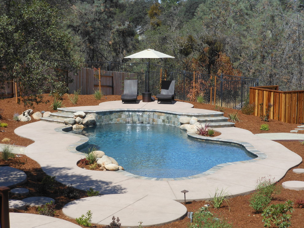 Photo of a classic back custom shaped swimming pool in Sacramento with a water feature and concrete slabs.
