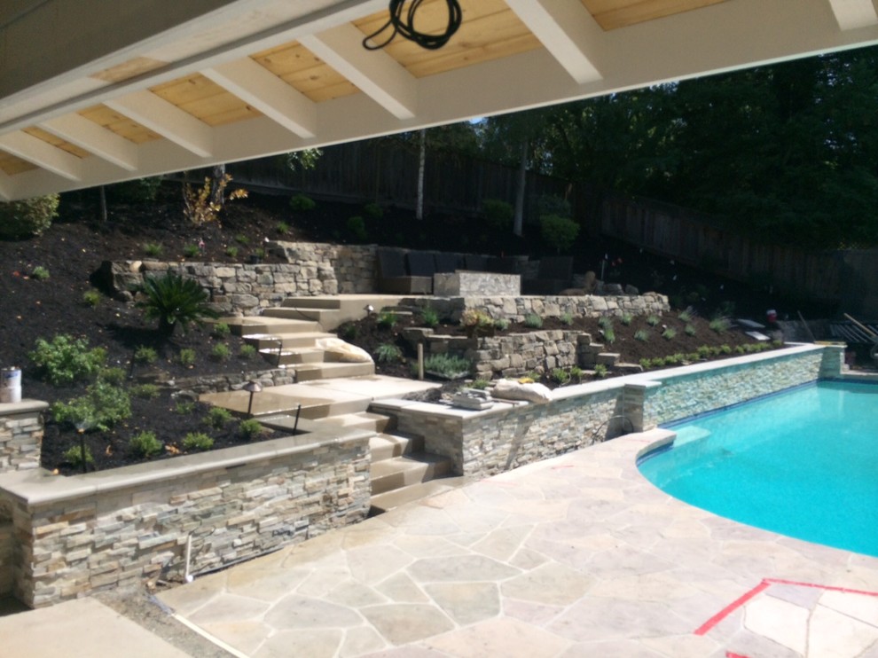 Источник вдохновения для домашнего уюта: большой спортивный бассейн произвольной формы на заднем дворе в классическом стиле с покрытием из каменной брусчатки