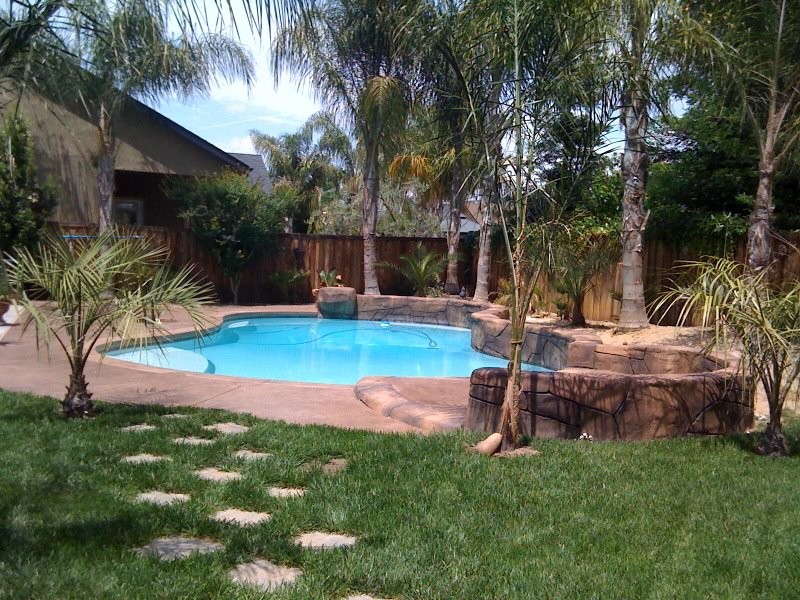 Large world-inspired back custom shaped natural swimming pool in Other with stamped concrete.