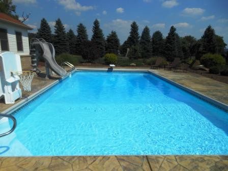 Стильный дизайн: большой спортивный, прямоугольный бассейн на заднем дворе в классическом стиле с водной горкой и покрытием из декоративного бетона - последний тренд
