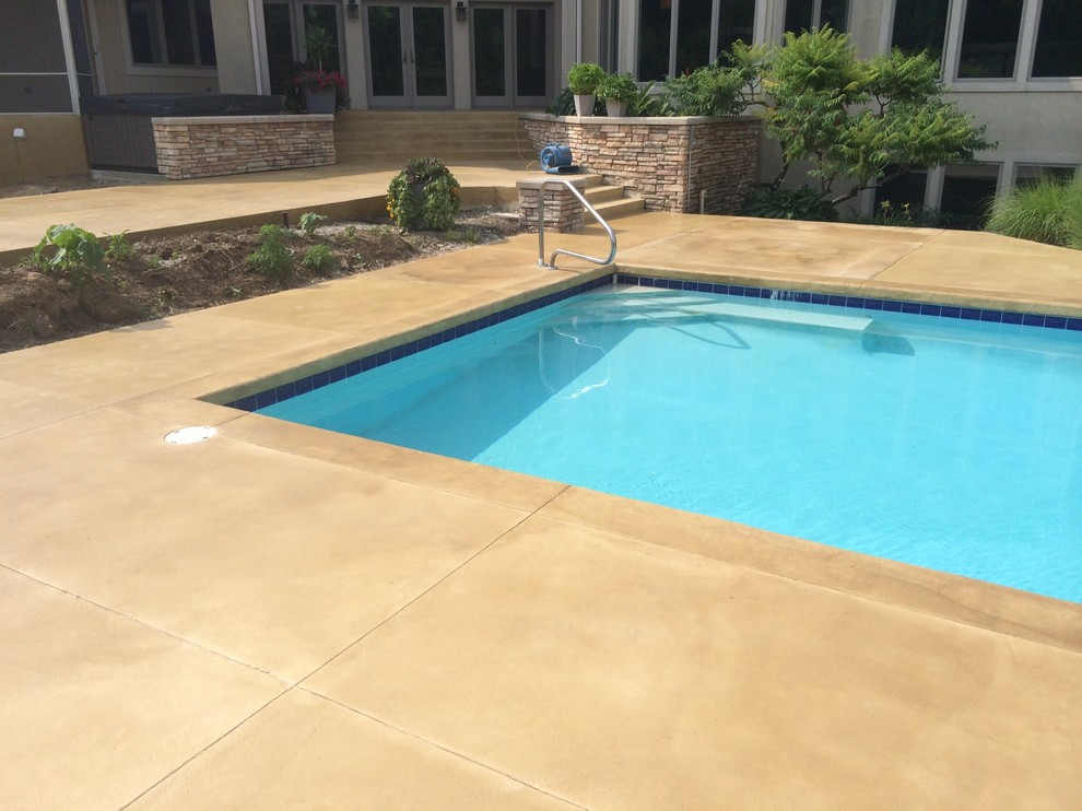 Foto di una piscina naturale moderna rettangolare di medie dimensioni e dietro casa con lastre di cemento