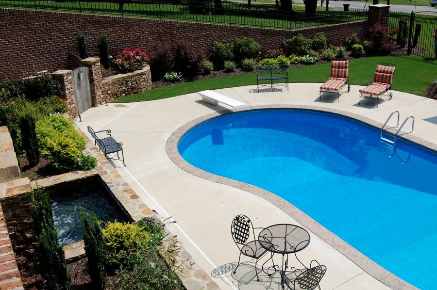 Modelo de piscina con fuente natural actual de tamaño medio tipo riñón en patio trasero con losas de hormigón