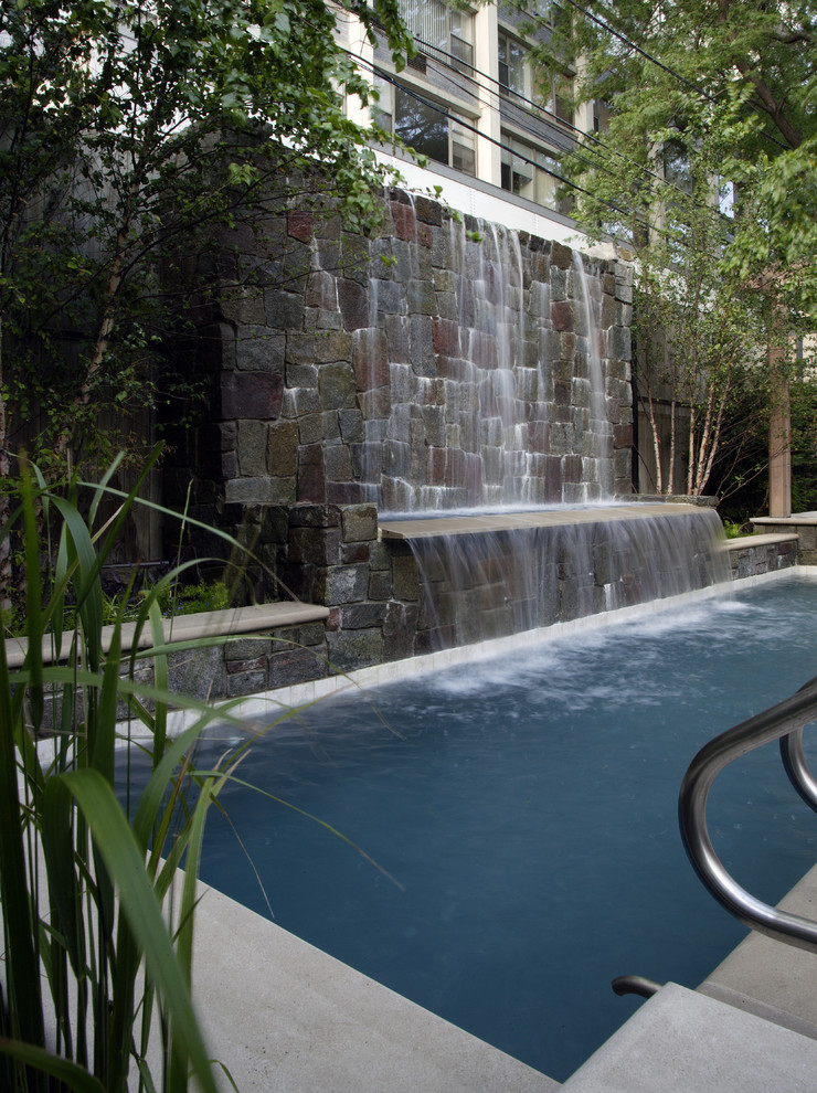 Источник вдохновения для домашнего уюта: прямоугольный бассейн среднего размера на заднем дворе в современном стиле с фонтаном