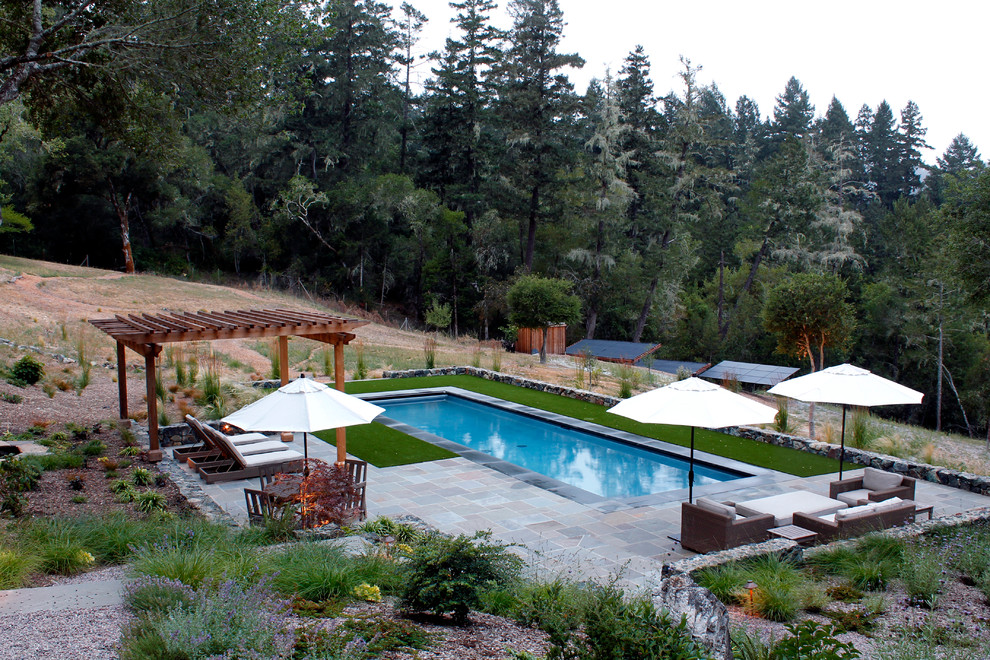 Inspiration for a large timeless backyard stone and rectangular lap pool remodel in San Francisco