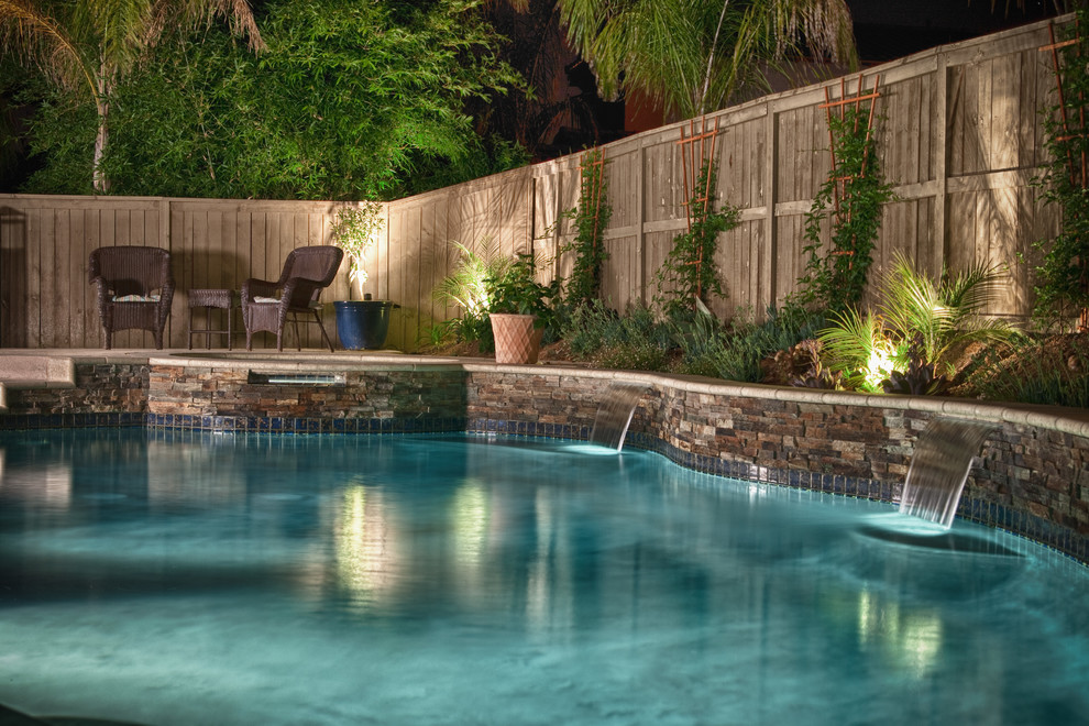 Medium sized classic back kidney-shaped natural swimming pool in San Diego with a water feature and concrete paving.