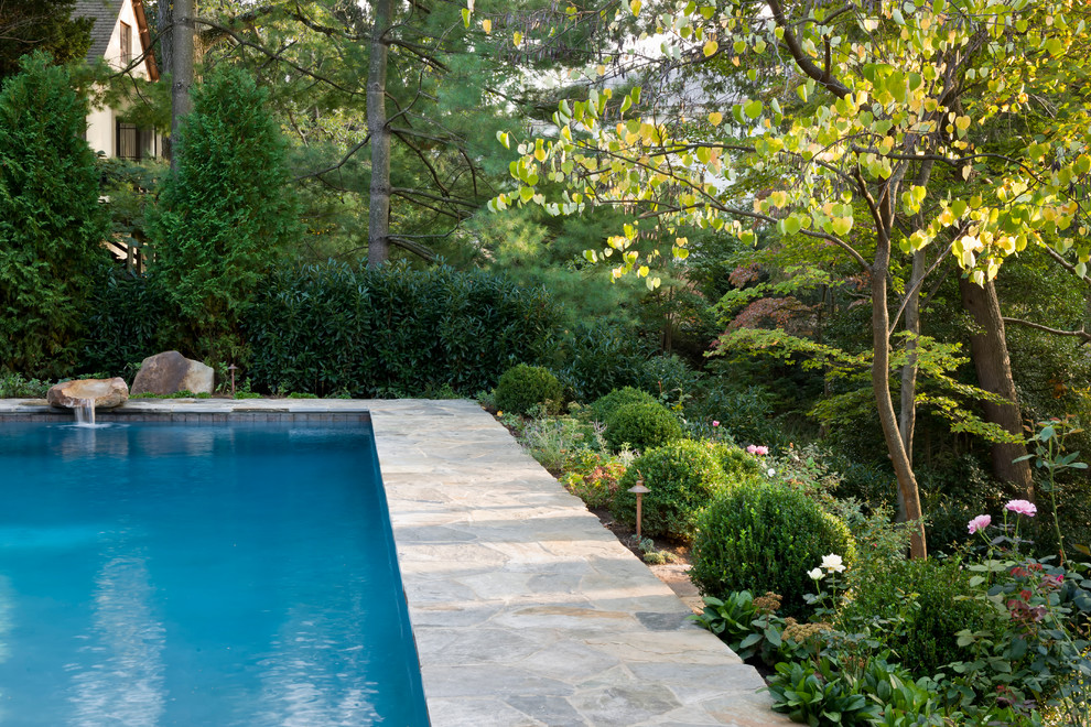 Идея дизайна: прямоугольный бассейн на заднем дворе в стиле неоклассика (современная классика) с покрытием из каменной брусчатки