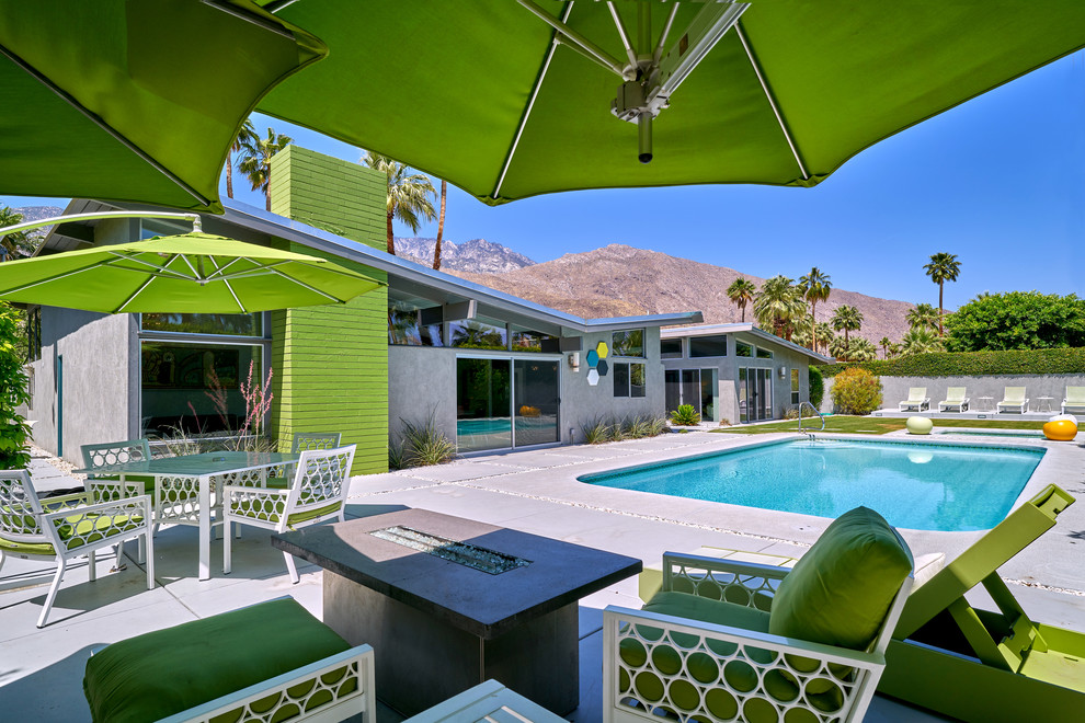 Mid-sized mid-century modern backyard rectangular pool photo in Other