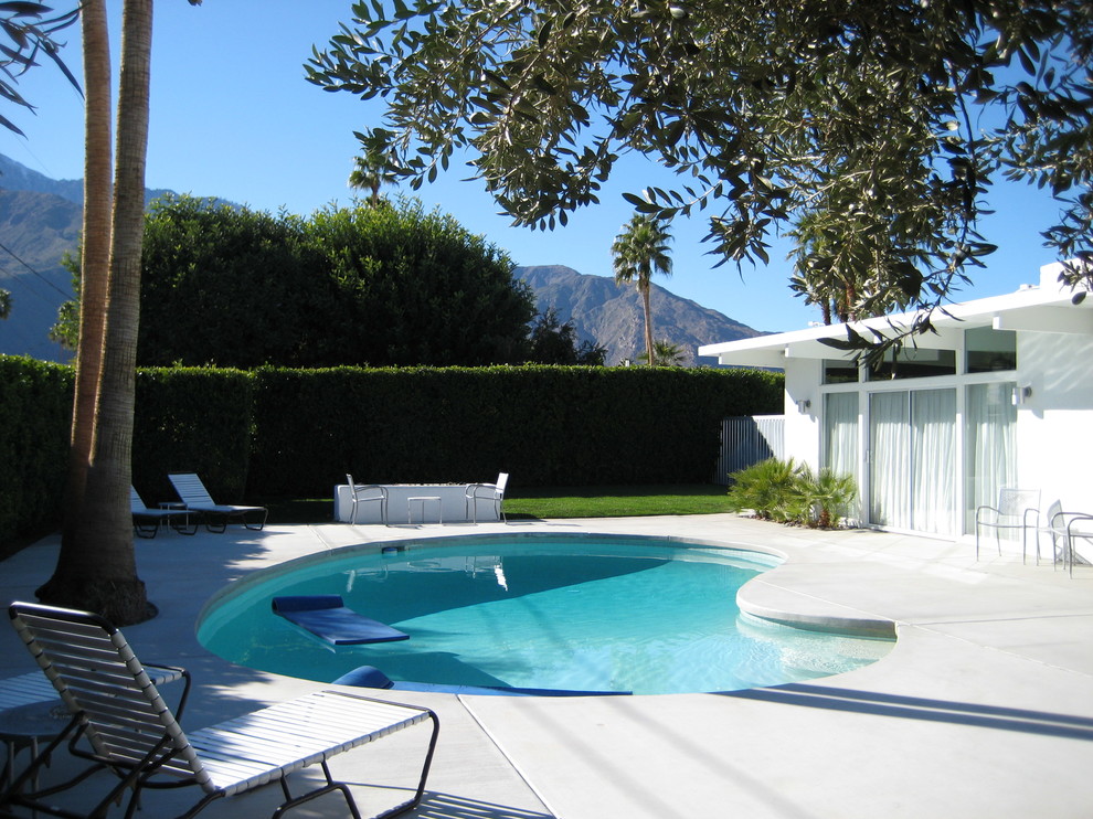 Großer Moderner Pool hinter dem Haus in individueller Form mit Betonplatten in Los Angeles