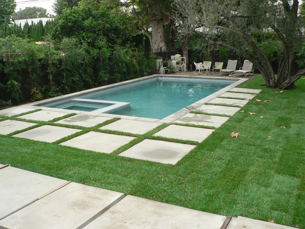 Foto de piscinas y jacuzzis alargados contemporáneos de tamaño medio rectangulares en patio trasero con adoquines de hormigón