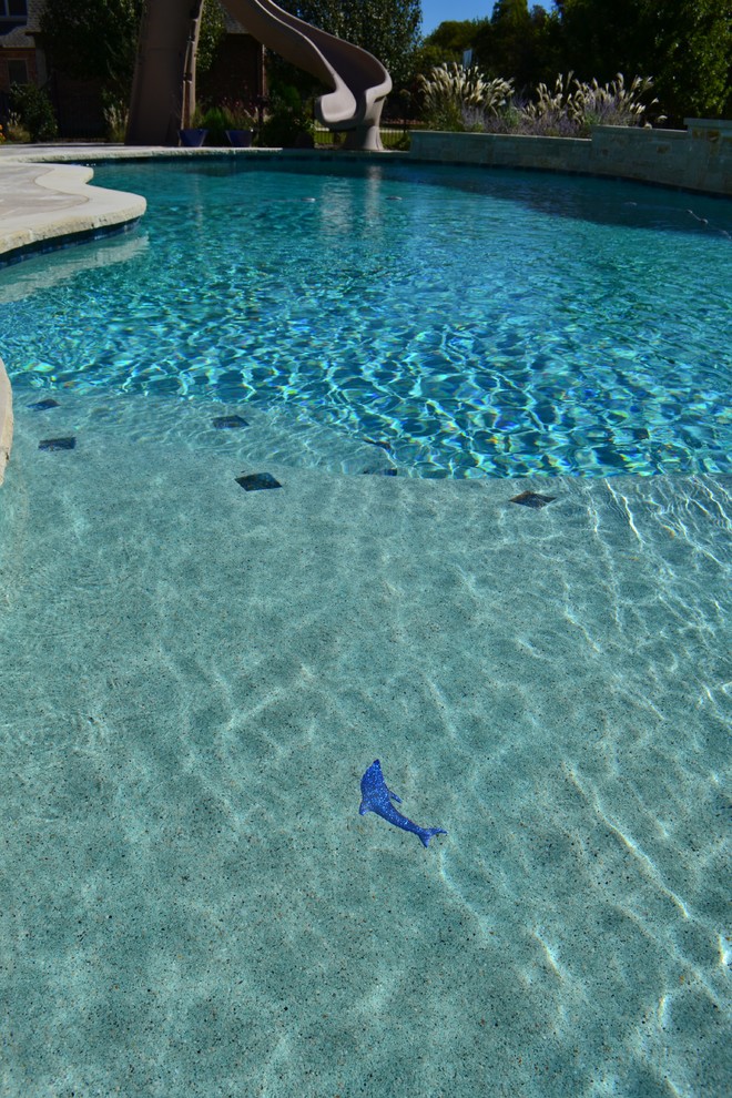 Immagine di una piscina naturale moderna personalizzata di medie dimensioni e dietro casa con un acquascivolo e pedane