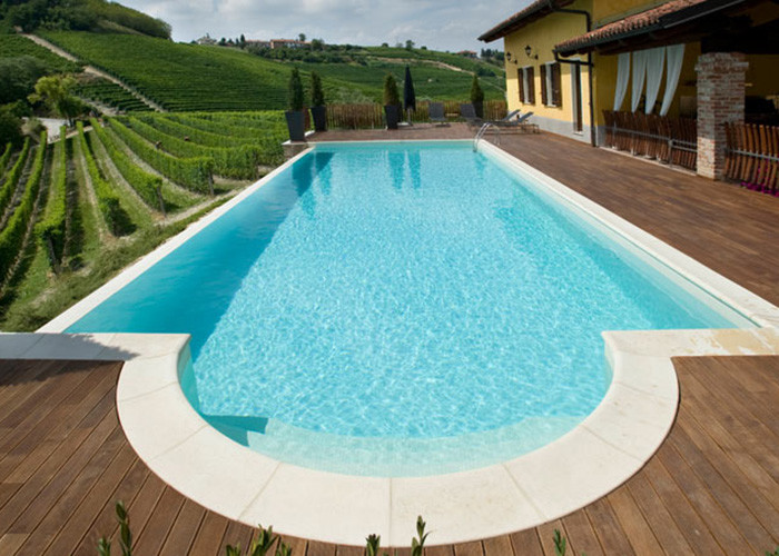 Пример оригинального дизайна: естественный, прямоугольный бассейн среднего размера на переднем дворе в стиле кантри с домиком у бассейна и настилом