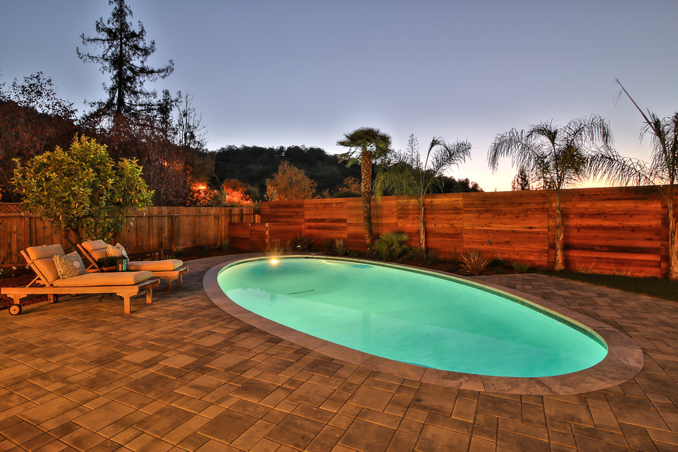 Inspiration for a farmhouse back custom shaped natural swimming pool in San Francisco with concrete paving.