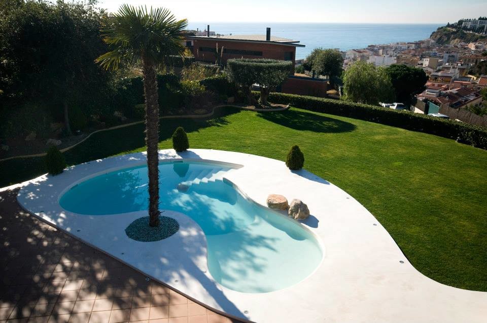 Idee per una piscina naturale mediterranea a "C" di medie dimensioni e dietro casa con lastre di cemento