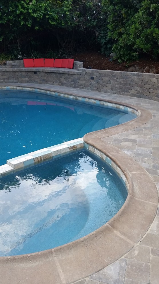 Esempio di una piscina design personalizzata di medie dimensioni e dietro casa con una vasca idromassaggio e pavimentazioni in cemento