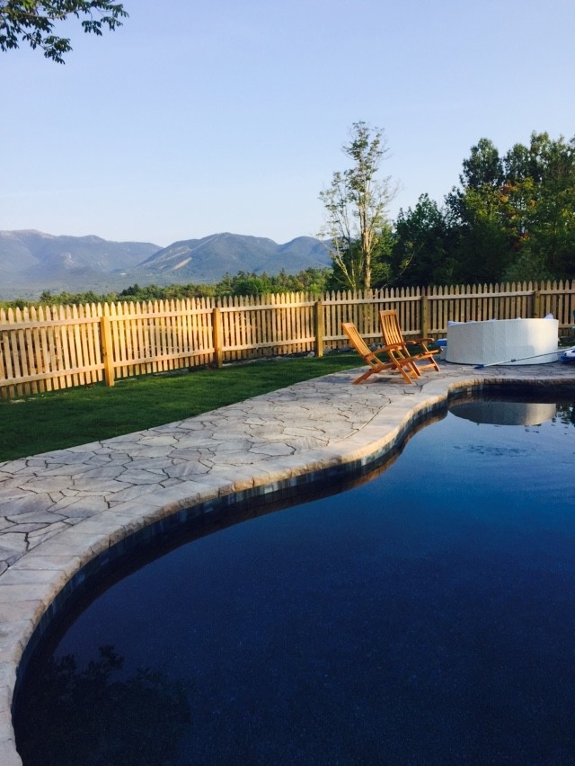 Inspiration for a medium sized country custom shaped natural swimming pool in Boston with concrete paving.