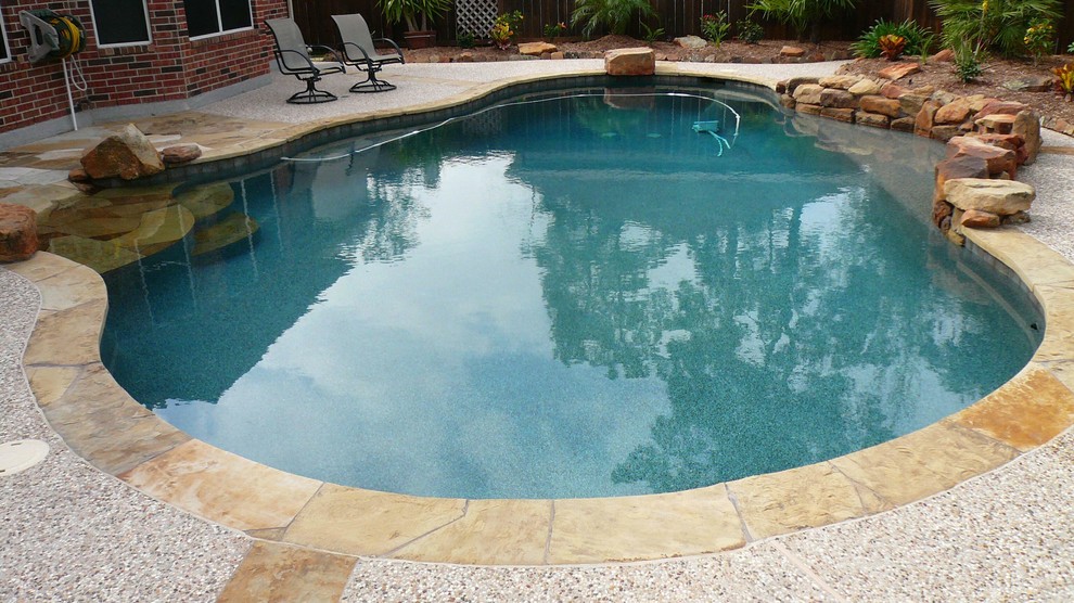 Imagen de piscinas y jacuzzis contemporáneos de tamaño medio a medida en patio trasero con gravilla