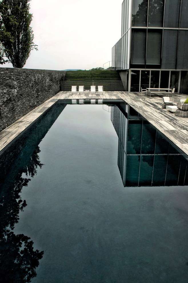 Ejemplo de piscina actual grande rectangular en patio trasero