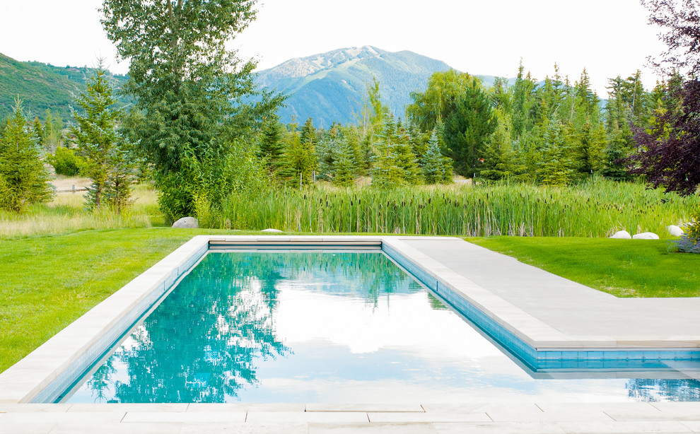 Example of a large farmhouse l-shaped pool design in Denver