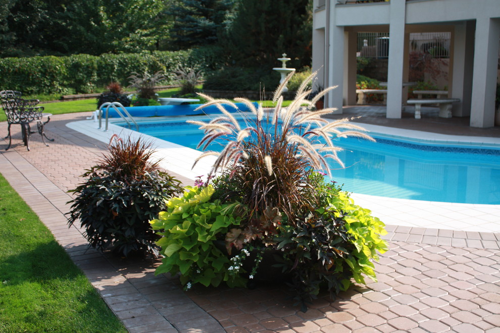 На фото: угловой бассейн среднего размера на заднем дворе в классическом стиле с фонтаном и мощением клинкерной брусчаткой с