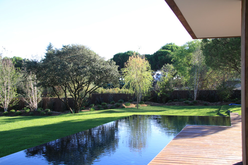 Immagine di una piscina monocorsia contemporanea personalizzata di medie dimensioni e dietro casa con una dépendance a bordo piscina