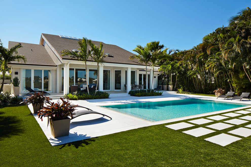 Mid-sized island style backyard concrete and rectangular lap pool photo in Miami