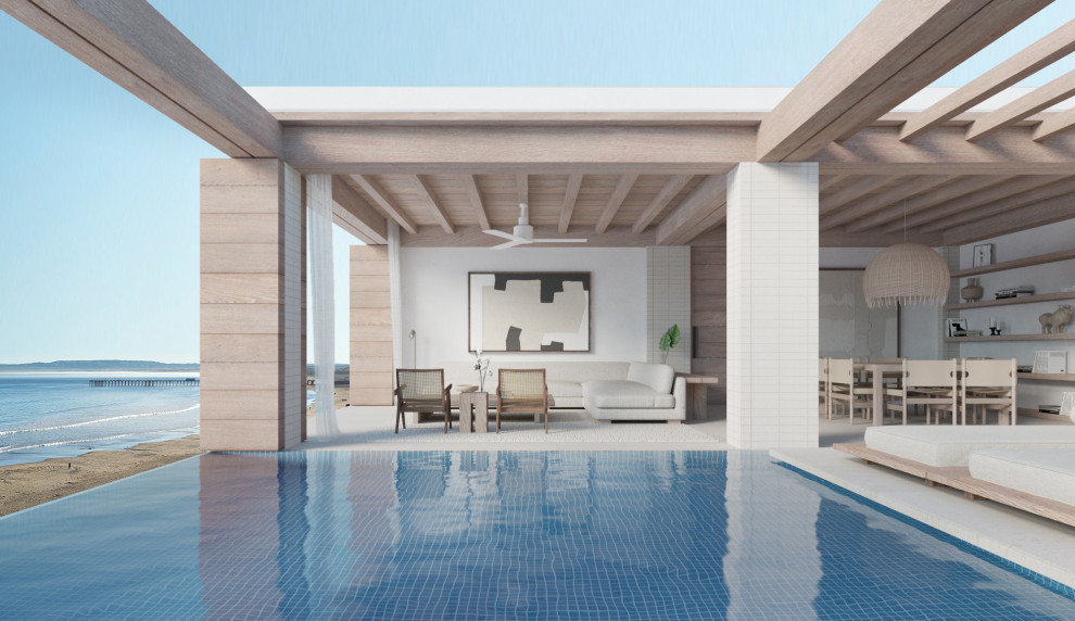 Стильный дизайн: прямоугольный бассейн-инфинити на внутреннем дворе в стиле модернизм - последний тренд
