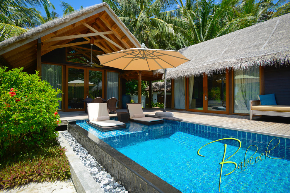 Idee per una piscina a sfioro infinito tropicale rettangolare dietro casa con una dépendance a bordo piscina