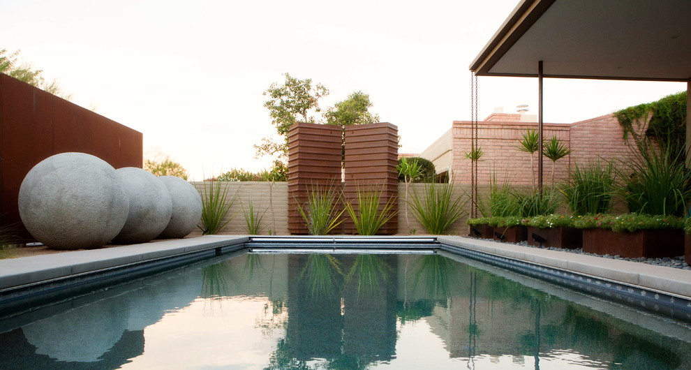 Moderner Pool in rechteckiger Form mit Betonplatten in Phoenix