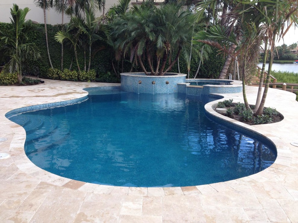 Modelo de piscina tropical en patio trasero con adoquines de piedra natural