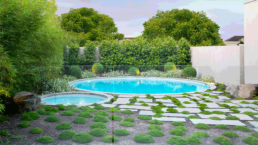 Diseño de piscina minimalista grande redondeada en patio delantero con paisajismo de piscina y granito descompuesto