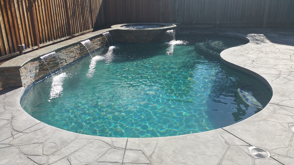 Imagen de piscinas y jacuzzis tradicionales de tamaño medio tipo riñón en patio trasero con suelo de hormigón estampado