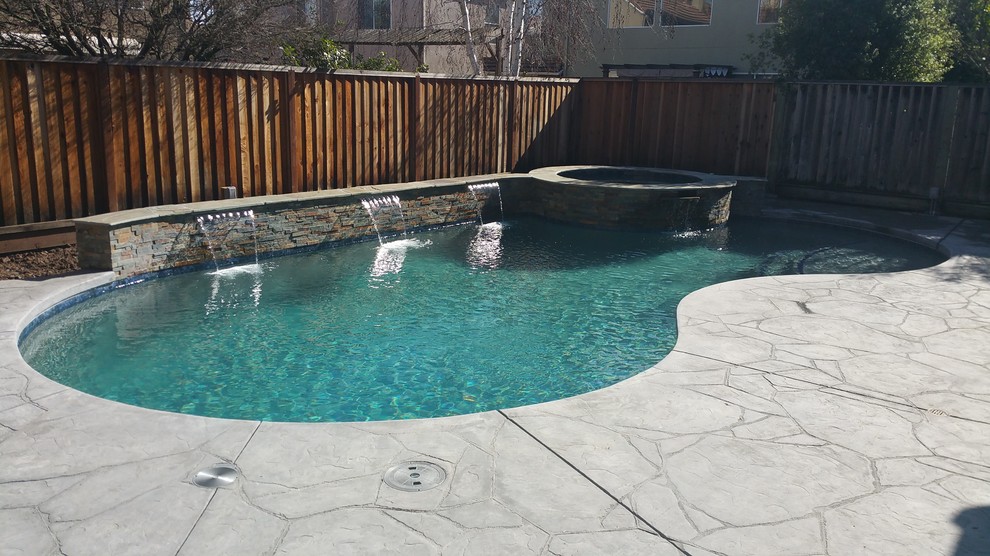Foto de piscinas y jacuzzis clásicos de tamaño medio tipo riñón en patio trasero con suelo de hormigón estampado