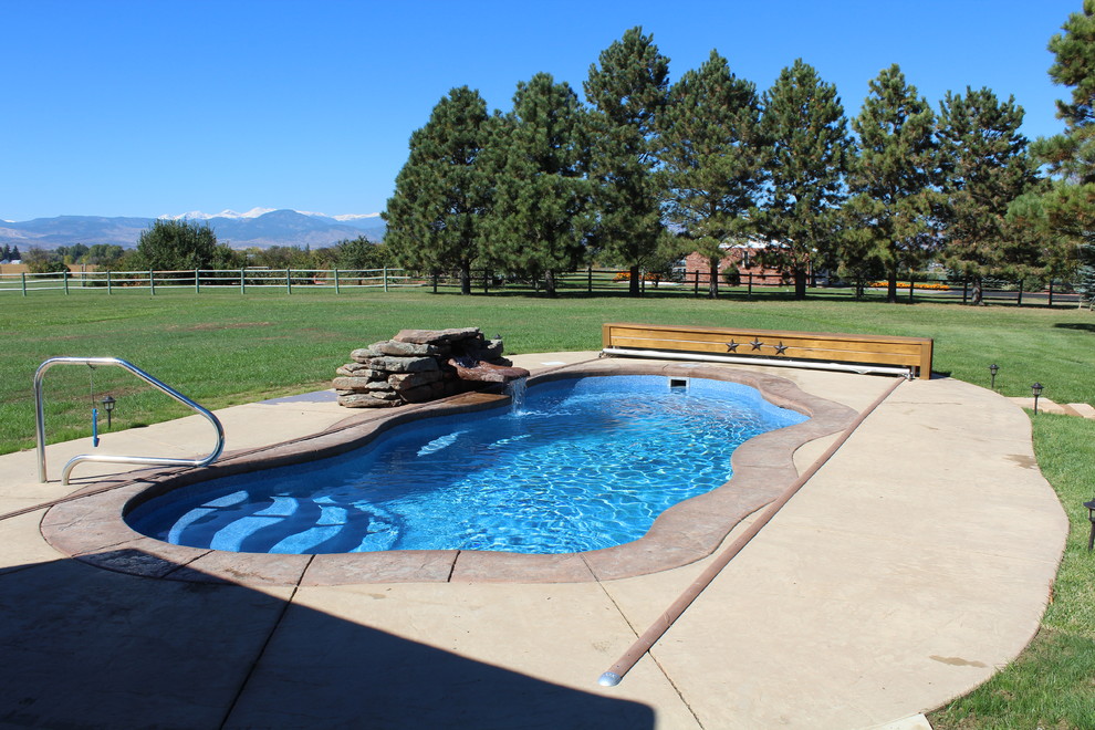 Design ideas for a medium sized back custom shaped swimming pool in Denver with a water feature and concrete slabs.