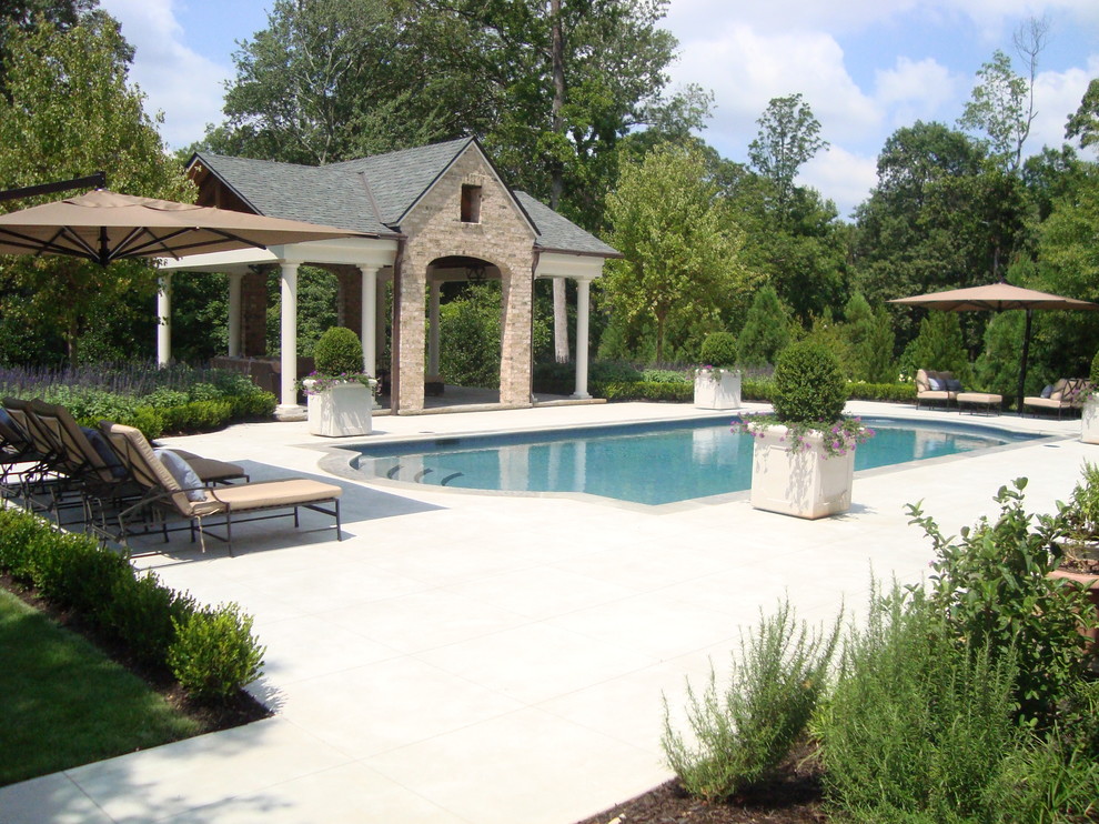 Diseño de piscina clásica rectangular con suelo de hormigón estampado