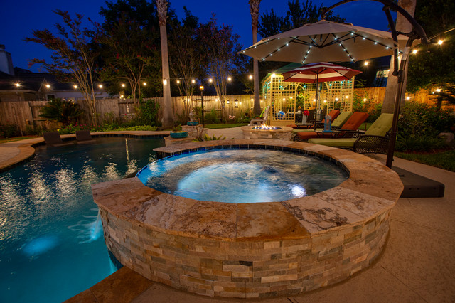 Pool Spa Combo With Fire Pit Asian, Hot Tub Fire Pit Combo