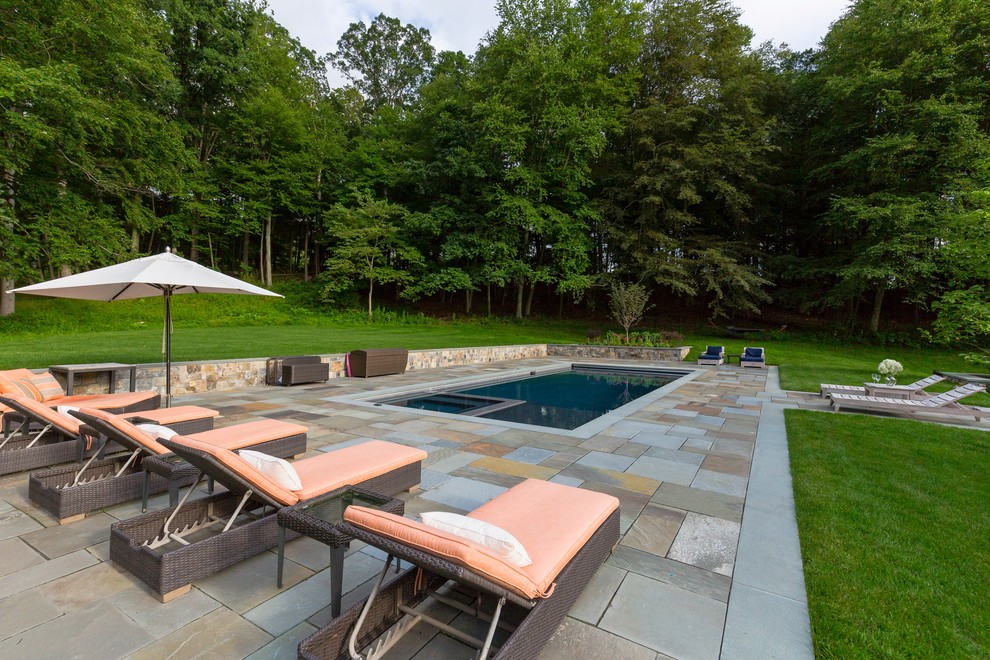 Pool and Spa with Paver Stone Patio - Transitional - Pool - New York ...