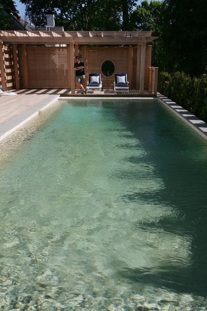 Esempio di una grande piscina monocorsia boho chic rettangolare con una dépendance a bordo piscina
