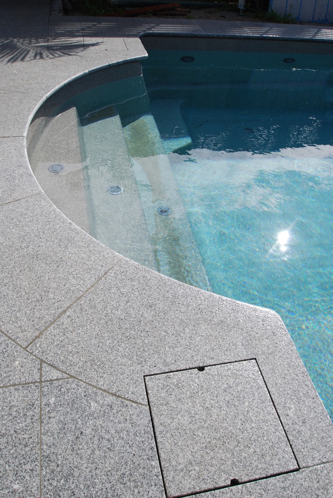 Diseño de piscinas y jacuzzis alargados contemporáneos de tamaño medio a medida en patio trasero con adoquines de piedra natural