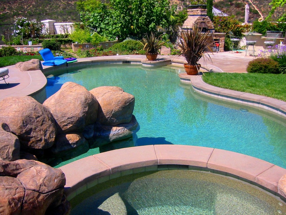 Photo of a large traditional back swimming pool in Orange County with concrete paving.