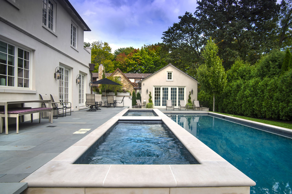 Modelo de piscinas y jacuzzis clásicos de tamaño medio rectangulares en patio trasero con adoquines de hormigón
