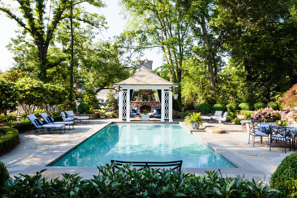 Pool house with seating, fireplace and draperies - Traditional - Pool ...