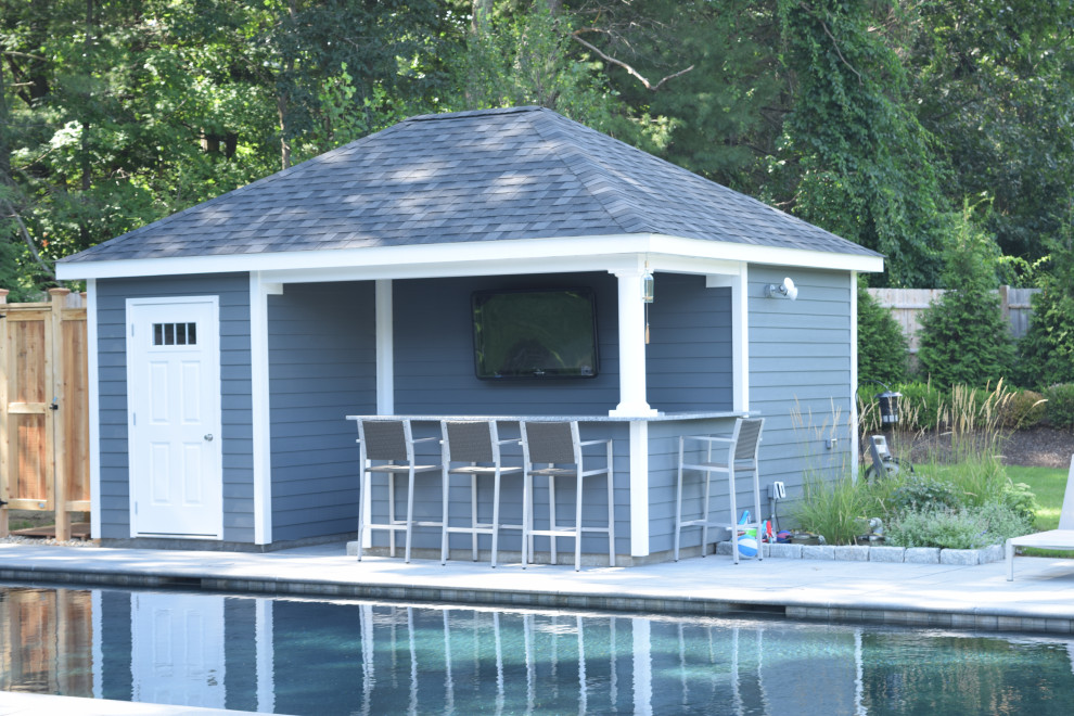 Inspiration for a l-shaped pool house remodel in Boston