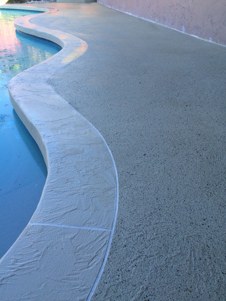 Ispirazione per una piscina moderna personalizzata di medie dimensioni e dietro casa con lastre di cemento