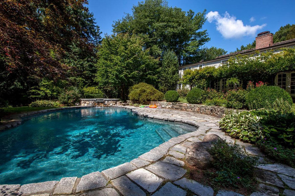 Пример оригинального дизайна: большой естественный бассейн произвольной формы на заднем дворе в классическом стиле с джакузи и покрытием из каменной брусчатки