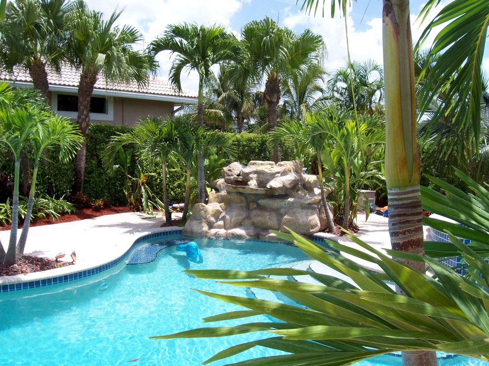 Modelo de piscinas y jacuzzis naturales tropicales grandes rectangulares en patio trasero con adoquines de piedra natural