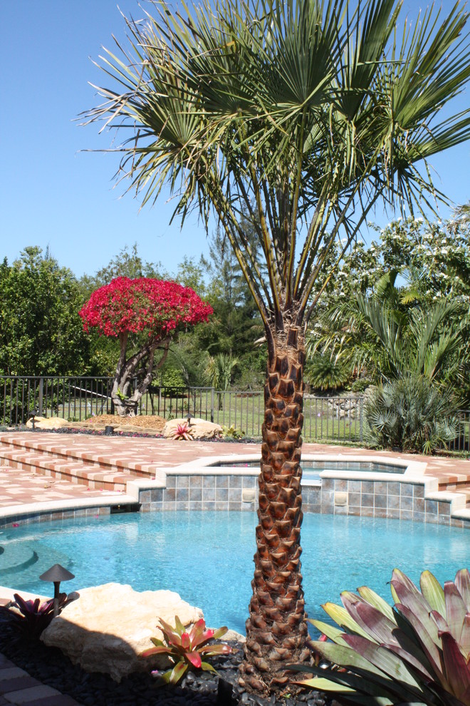 Imagen de piscina con fuente alargada tropical grande a medida en patio trasero con adoquines de ladrillo