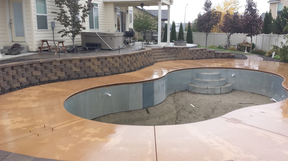 Ejemplo de piscina natural tradicional de tamaño medio tipo riñón en patio trasero con losas de hormigón
