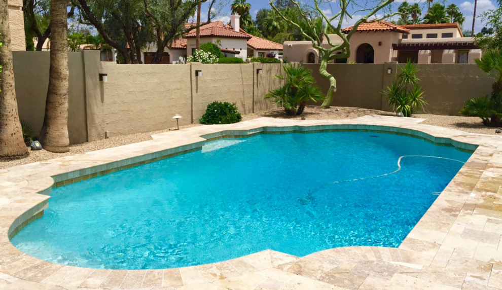 Modelo de piscina natural de estilo americano de tamaño medio a medida en patio trasero con suelo de hormigón estampado